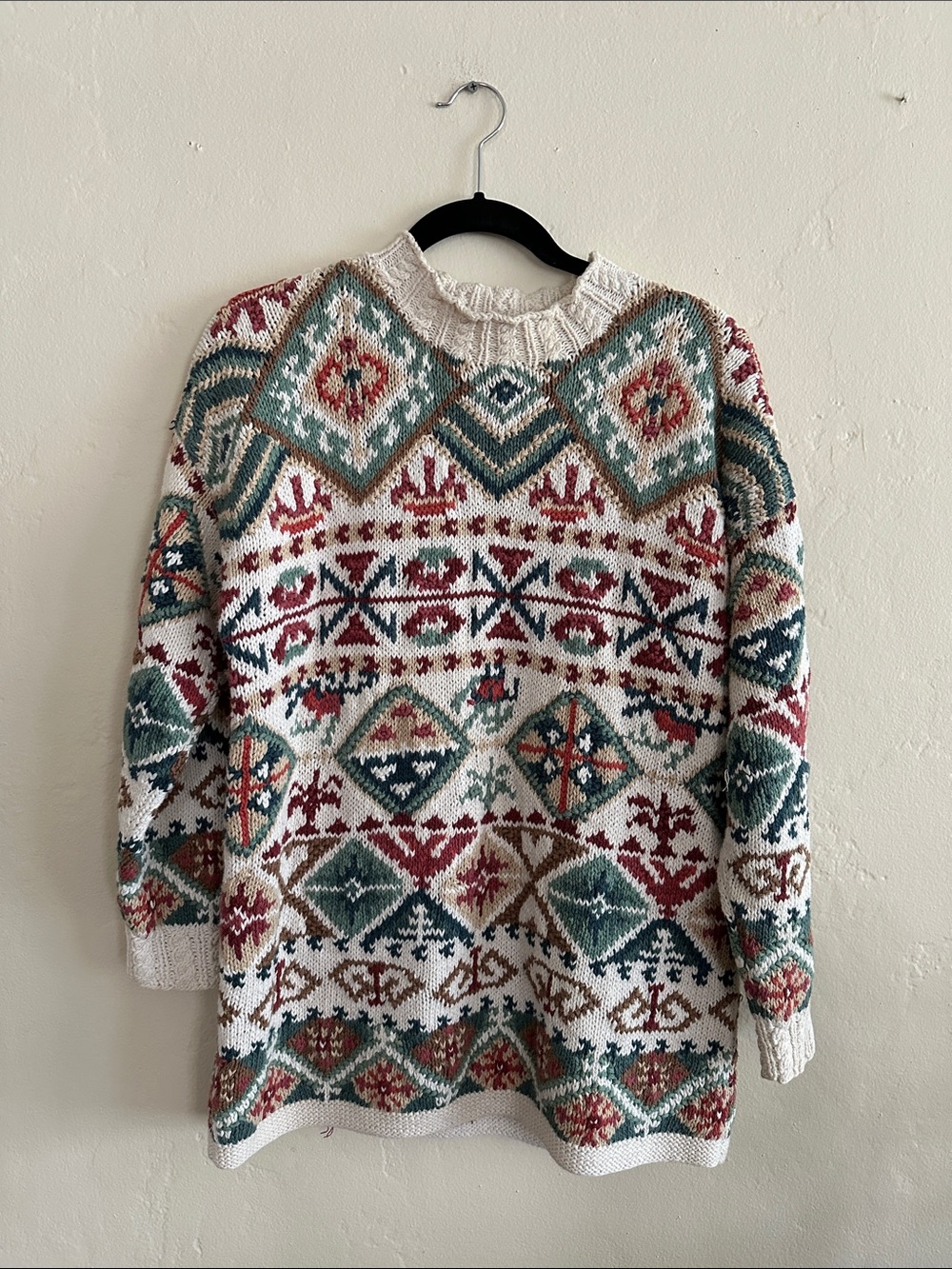 Hunters run one of a kind hand knitteCream Multicolor Fair Isle Crewneck Sweater